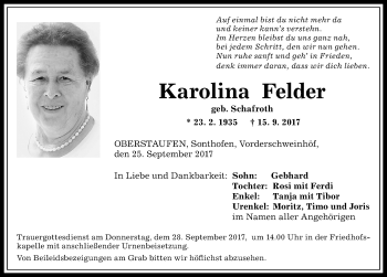 Traueranzeige von Karolina Felder von Allgäuer Anzeigeblatt