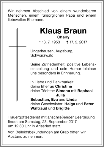 Traueranzeige von Klaus Braun von Allgäuer Zeitung