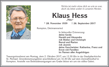 Traueranzeige von Klaus Hess von Allgäuer Zeitung,Kempten