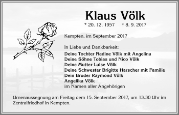 Traueranzeige von Klaus Völk von Allgäuer Zeitung,Kempten