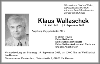 Traueranzeige von Klaus Wallaschek von Allgäuer Zeitung, Kaufbeuren/Buchloe