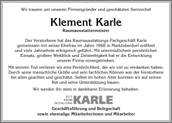 Traueranzeige von Klement Karle von Allgäuer Zeitung, Marktoberdorf