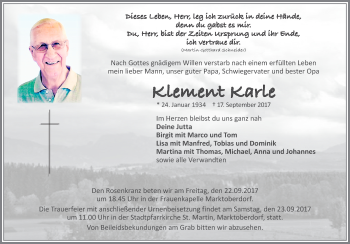 Traueranzeige von Klement Karle von Allgäuer Zeitung, Marktoberdorf