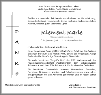 Traueranzeige von Klement Karle von Allgäuer Zeitung, Marktoberdorf