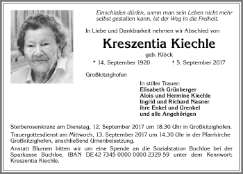 Traueranzeige von Kreszentia Kiechle von Allgäuer Zeitung, Kaufbeuren/Buchloe