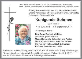 Traueranzeige von Kunigunde Sohmen von Allgäuer Zeitung, Füssen