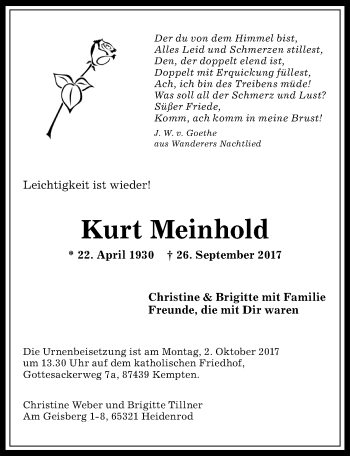 Traueranzeige von Kurt Meinhold von Allgäuer Zeitung,Kempten