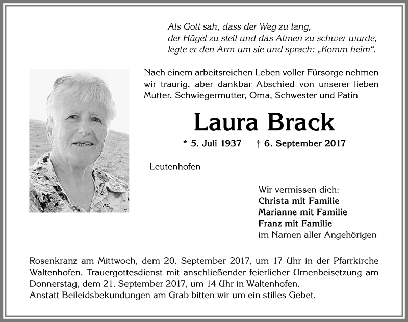  Traueranzeige für Laura Brack vom 18.09.2017 aus Allgäuer Zeitung,Kempten