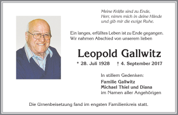Traueranzeige von Leopold Gallwitz von Allgäuer Zeitung,Kempten