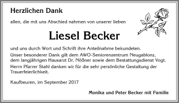 Traueranzeige von Liesel Becker von Allgäuer Zeitung, Kaufbeuren/Buchloe