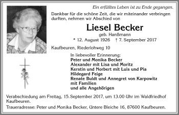 Traueranzeige von Liesel Becker von Allgäuer Zeitung, Kaufbeuren/Buchloe
