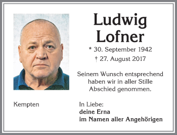 Traueranzeige von Ludwig Lofner von Allgäuer Zeitung,Kempten
