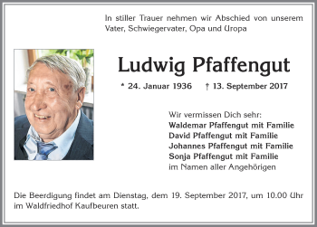 Traueranzeige von Ludwig Pfaffengut von Allgäuer Zeitung, Kaufbeuren/Buchloe