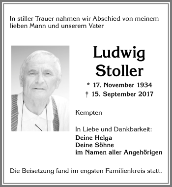 Traueranzeige von Ludwig Stoller von Allgäuer Zeitung,Kempten