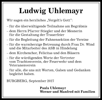 Traueranzeige von Ludwig Uhlemayr von Allgäuer Anzeigeblatt