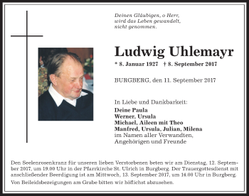Traueranzeige von Ludwig Uhlemayr von Allgäuer Anzeigeblatt