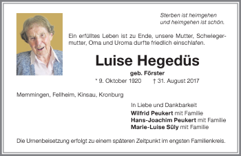 Traueranzeige von Luise Hegedüs von Memminger Zeitung