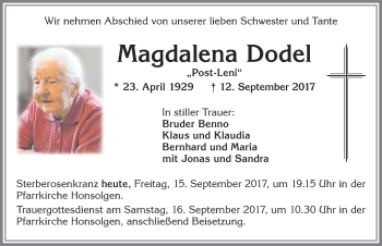 Traueranzeige von Magdalena Dodel von Allgäuer Zeitung, Kaufbeuren/Buchloe