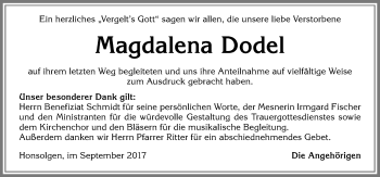 Traueranzeige von Magdalena Dodel von Allgäuer Zeitung, Kaufbeuren/Buchloe