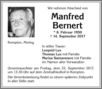 Traueranzeige von Manfred Bernert von Allgäuer Zeitung,Kempten