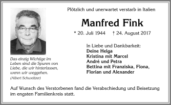 Traueranzeige von Manfred Fink von Allgäuer Zeitung, Kaufbeuren/Buchloe