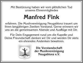 Traueranzeige von Manfred Fink von Allgäuer Zeitung, Kaufbeuren/Buchloe