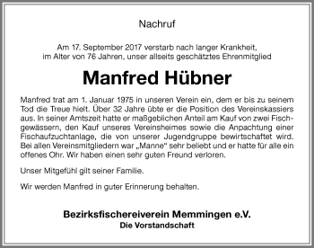 Traueranzeige von Manfred Hübner von Memminger Zeitung