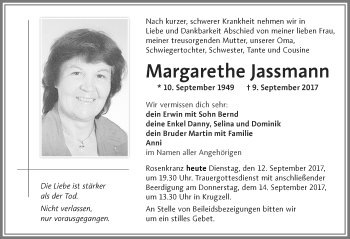 Traueranzeige von Margarethe Jassmann von Allgäuer Zeitung,Kempten