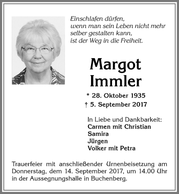 Traueranzeige von Margot Immler von Allgäuer Zeitung,Kempten