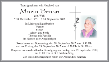 Traueranzeige von Maria Braun von Allgäuer Zeitung, Füssen