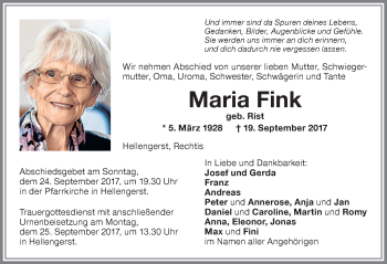 Traueranzeige von Maria Fink von Allgäuer Zeitung,Kempten