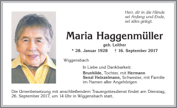 Traueranzeige von Maria Haggenmüller von Allgäuer Zeitung,Kempten