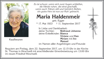 Traueranzeige von Maria Haldenmeir von Allgäuer Zeitung, Kaufbeuren/Buchloe