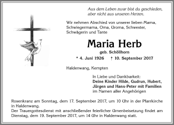Traueranzeige von Maria Herb von Allgäuer Zeitung,Kempten
