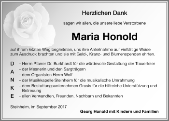 Traueranzeige von Maria Honold von Memminger Zeitung