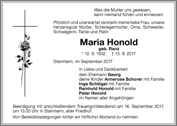 Traueranzeige von Maria Honold von Memminger Zeitung