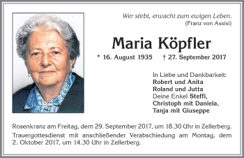 Traueranzeige von Maria Köpfler von Allgäuer Zeitung, Kaufbeuren/Buchloe