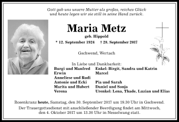 Traueranzeige von Maria Metz von Allgäuer Anzeigeblatt