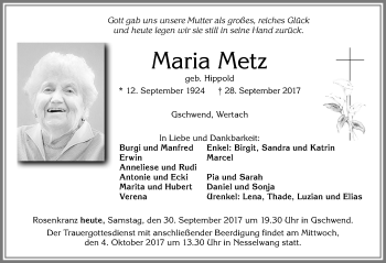 Traueranzeige von Maria Metz von Allgäuer Zeitung, Füssen