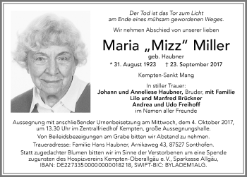 Traueranzeige von Maria Miller von Allgäuer Zeitung,Kempten