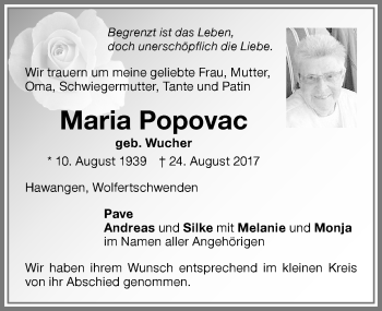 Traueranzeige von Maria Popovac von Memminger Zeitung