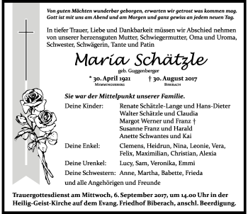 Traueranzeige von Maria Schätzle von Memminger Zeitung