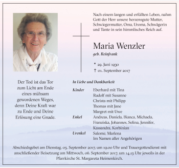 Traueranzeige von Maria Wenzler von Der Westallgäuer