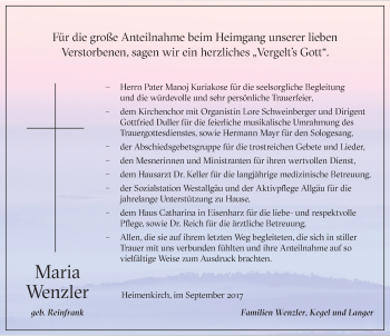 Traueranzeige von Maria Wenzler von Der Westallgäuer
