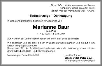 Traueranzeige von Marianne Baur von Memminger Zeitung