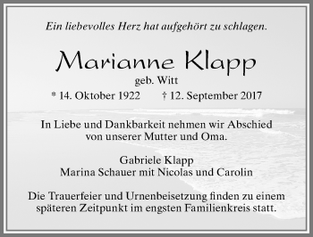 Traueranzeige von Marianne Klapp von Allgäuer Zeitung, Füssen