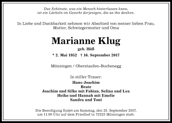 Traueranzeige von Marianne Klug von Allgäuer Anzeigeblatt