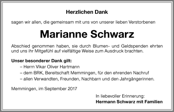 Traueranzeige von Marianne Schwarz von Memminger Zeitung