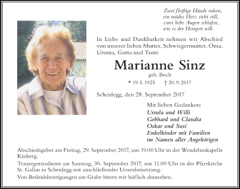 Traueranzeige von Marianne Sinz von Der Westallgäuer
