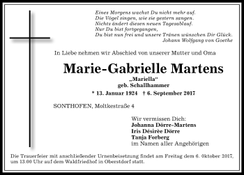 Traueranzeige von Marie-Gabrielle Martens von Allgäuer Anzeigeblatt